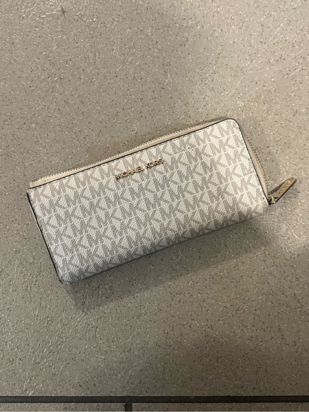 Michael Kors Monogram Zip Wallet in Cream with Gold Hardware